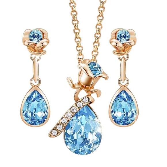 CDE Aquamarine Blue Crystal Gold Rose Shaped Jewelry Earrings Necklace Gift Set - Picture 1 of 12